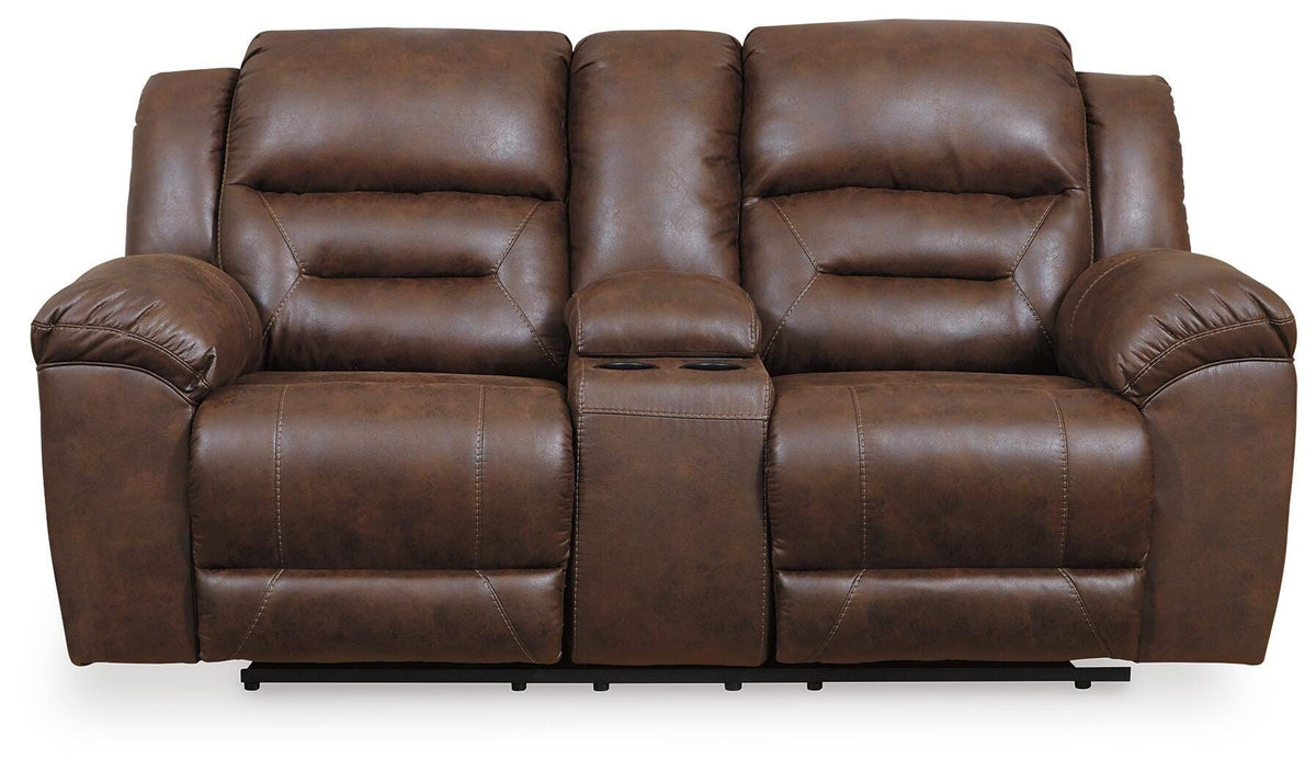 Stoneland - Double Reclining Loveseat With Console - Chocolate - Faux Leather