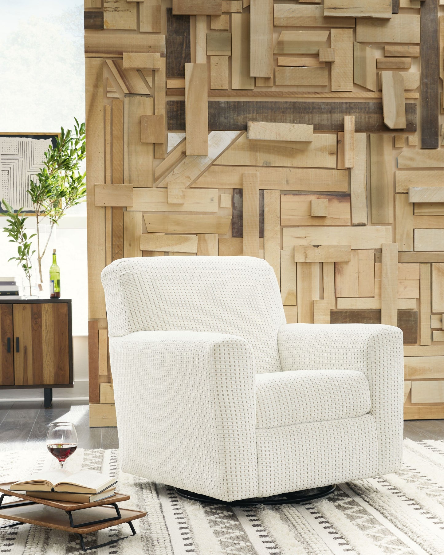 Herstow - Swivel Glider Accent Chair - Fabric - Ivory
