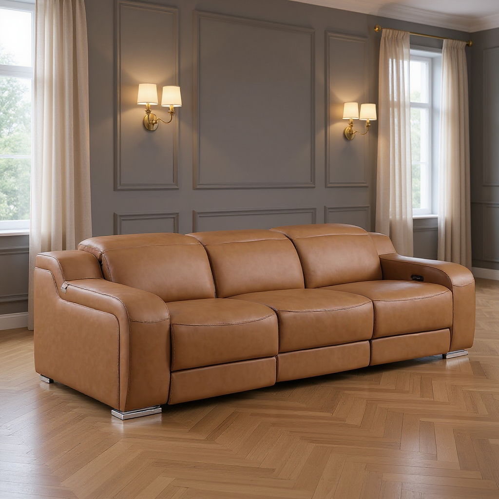 103" Italian Leather Reclining USB Sofa - Chestnut