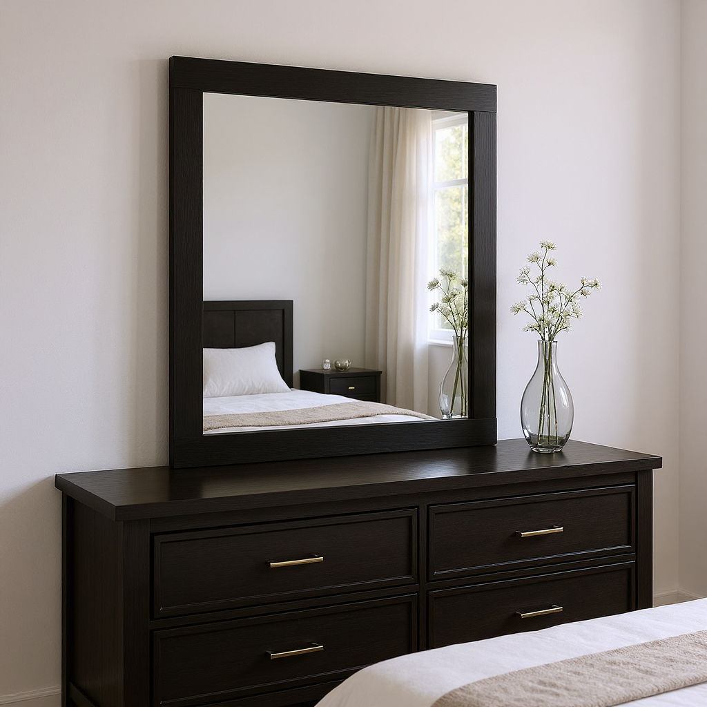 35" Square Mounted Framed Dresser Mirror - Black