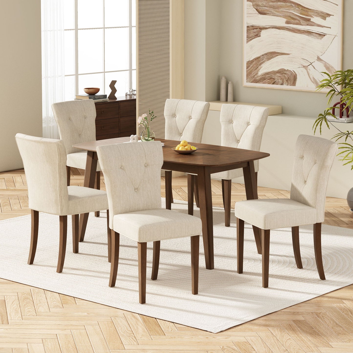 Modern Indoor Wood Dining Set With Chairs And Table, Rubber Wood, 6 Piece - Cream / Walnut