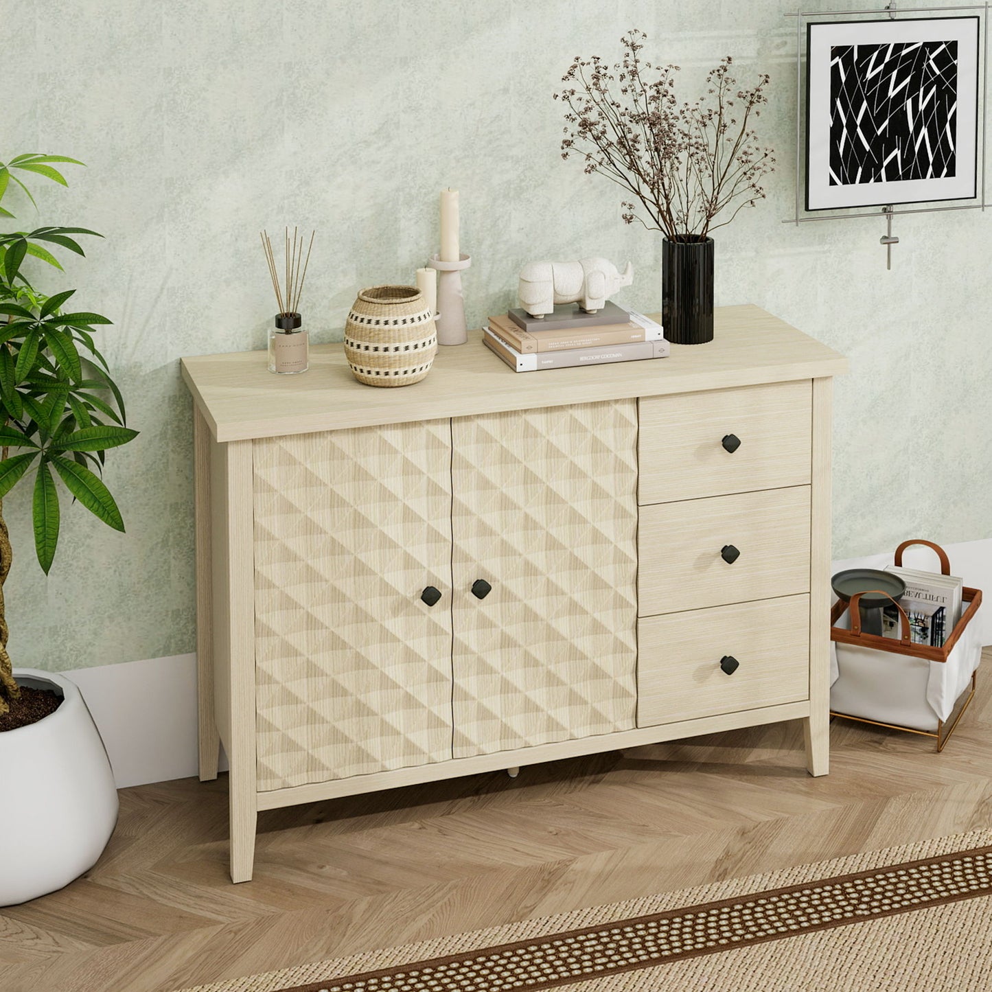 Modern 2 Door 3 Drawer Storage Cabinet, Buffet Cabinet With 2 Embossed Door For Living Room, Kitchen, Entryway - Natural