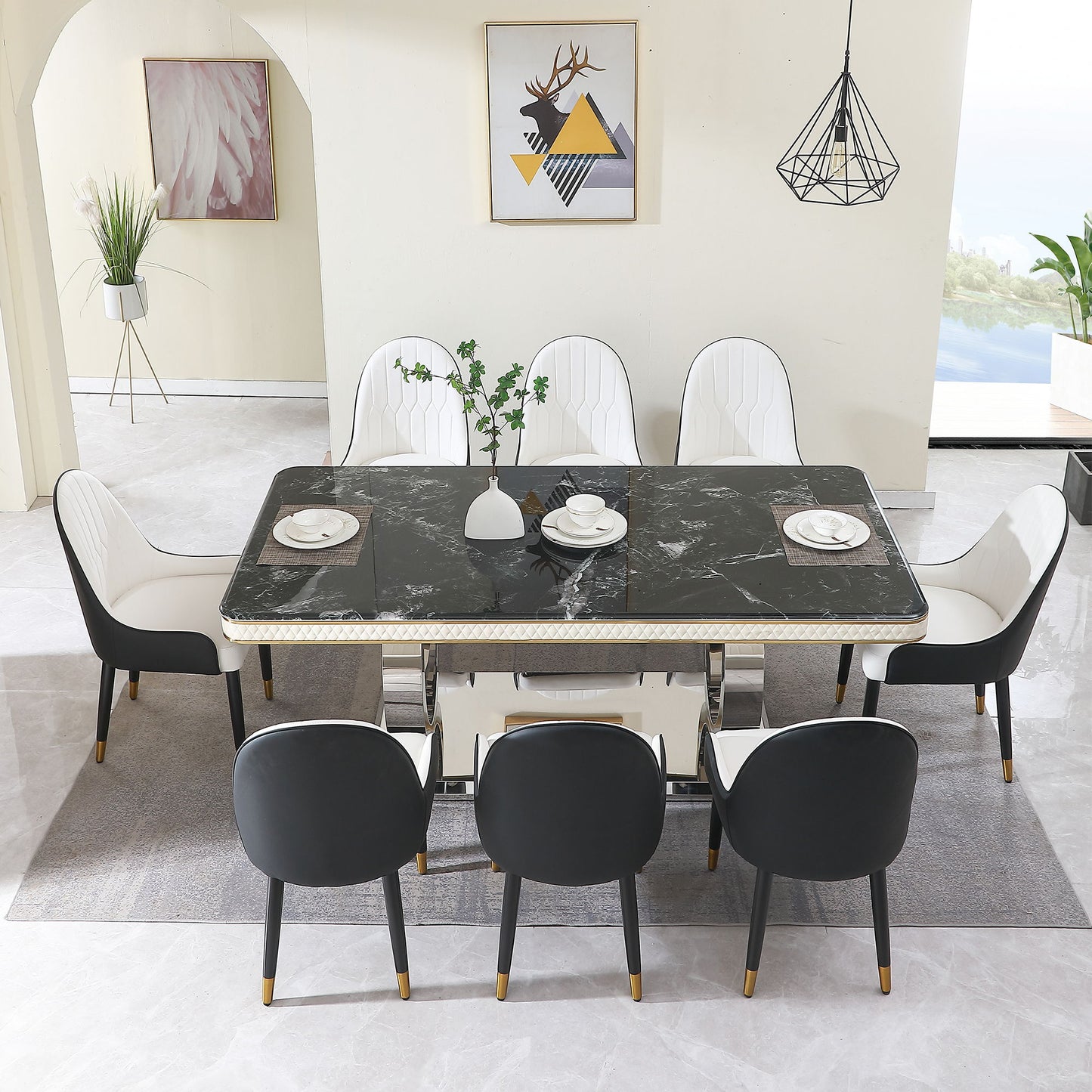 Luxury Modern Dining Table With 6 Chairs Marble Top Titanium Plated Base - Black