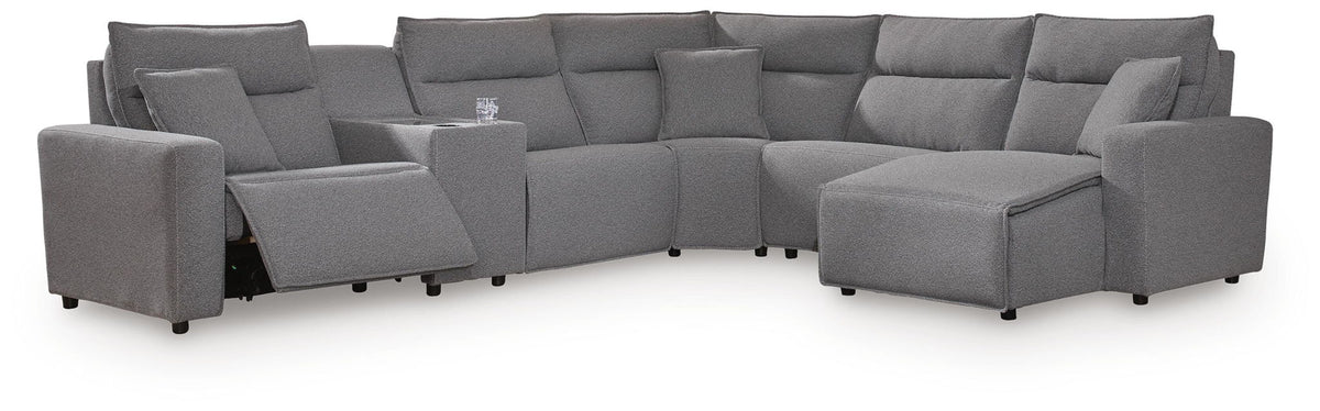 Modmax II - 6-Piece Power Reclining Sectional With RAF Press Back Power Chaise And Сonsole - Salt And Pepper - Next-Gen Nuvella