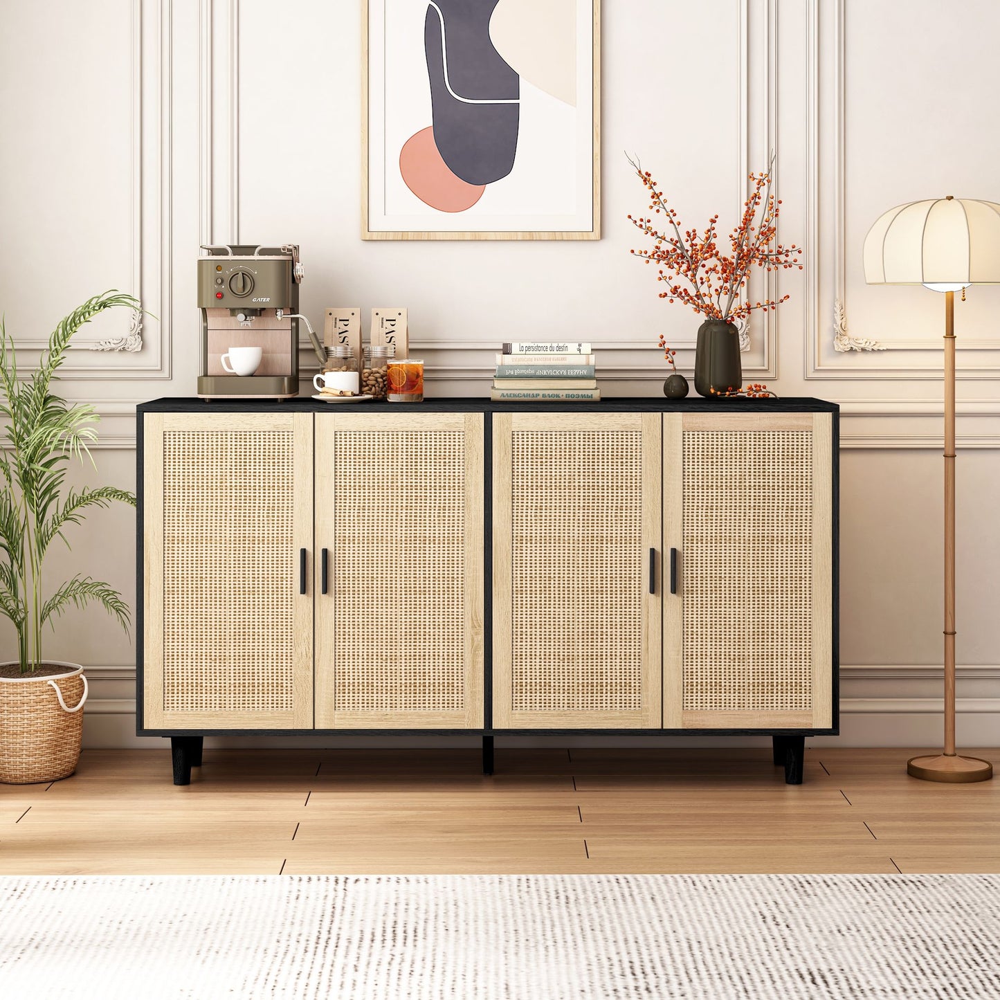 Elegant And Functional 4 Door Rattan Decorative Storage Cabinet