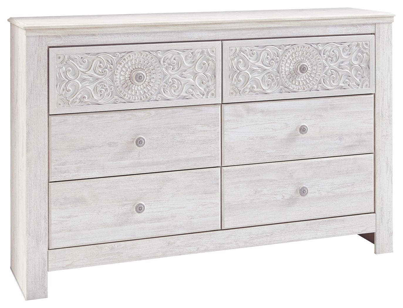 Paxberry - Dresser, Mirror - Medallion Drawer Pulls - Whitewash