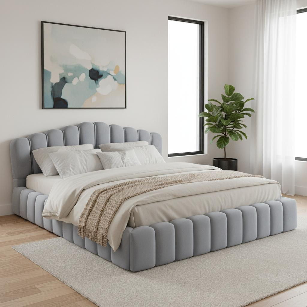 Tufted Velvet Upholstered Queen Bed Frame - Light Blue