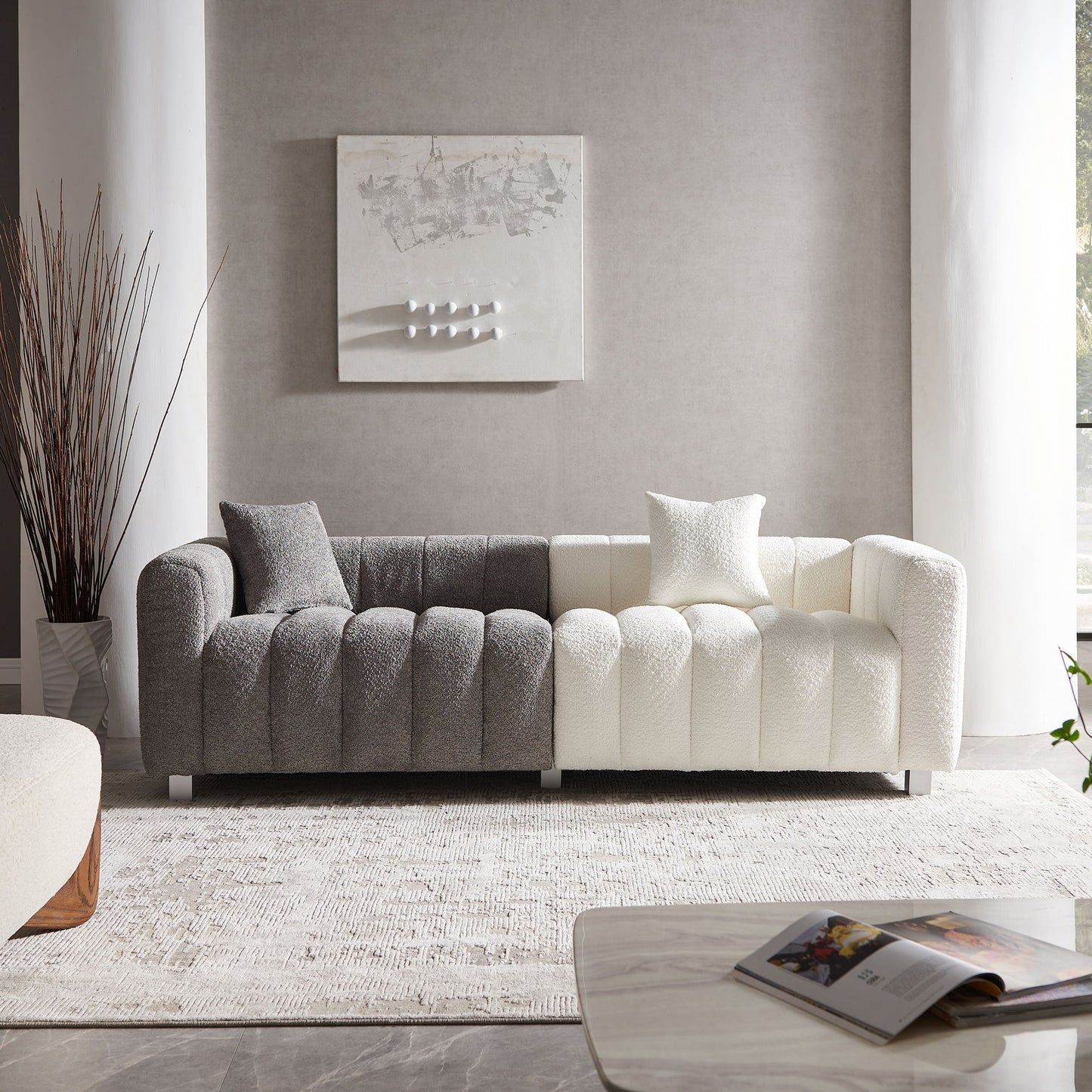 3 Seater Sofa With Metal Base Legs And 2 Pillows In +, 87.4" Premium Couch For Living Room - White / Gray