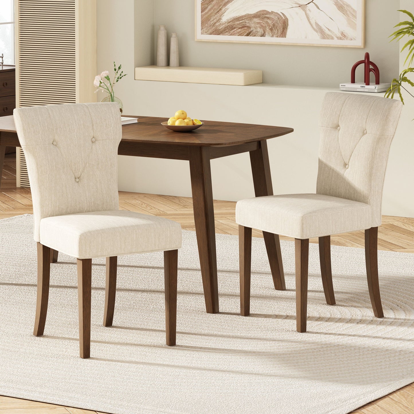 Modern Indoor Wood Dining Set With Chairs And Table, Rubber Wood, 6 Piece - Cream / Walnut