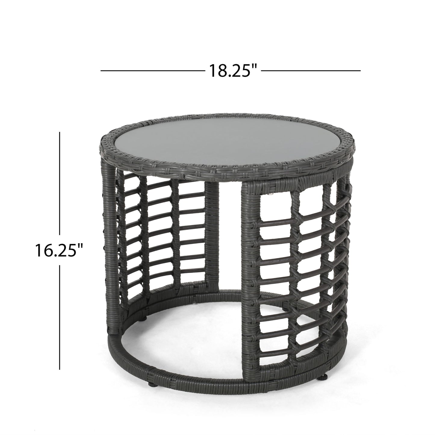 Achill - Outdoor Modern Boho Wicker Side Table With Glass Top - Gray