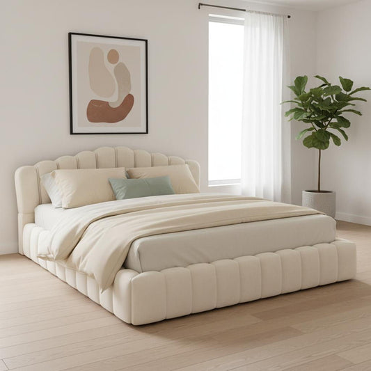 Tufted Velvet Upholstered Queen Bed Frame - Cream