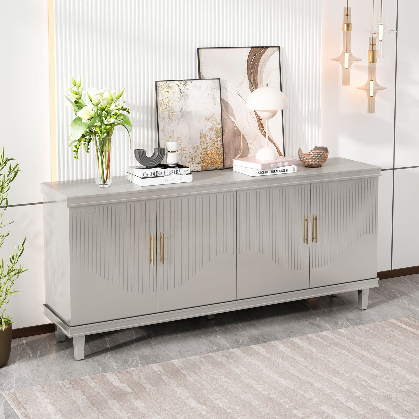 4 Door Cabinet With Adjustable Shelves, Large Storage For Living Room - Champagne