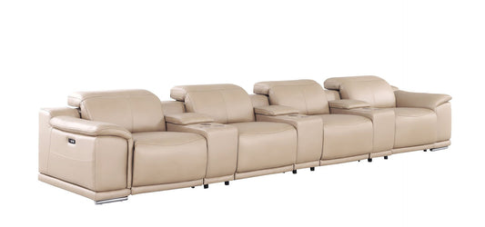 175" Leather Reclining Stainless Steel USB Sofa - Beige
