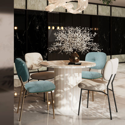 Modern 4 Person Dining Set With Bamboo & Table And Turquoise & Chairs Metal Legs, Space Saving Design - White