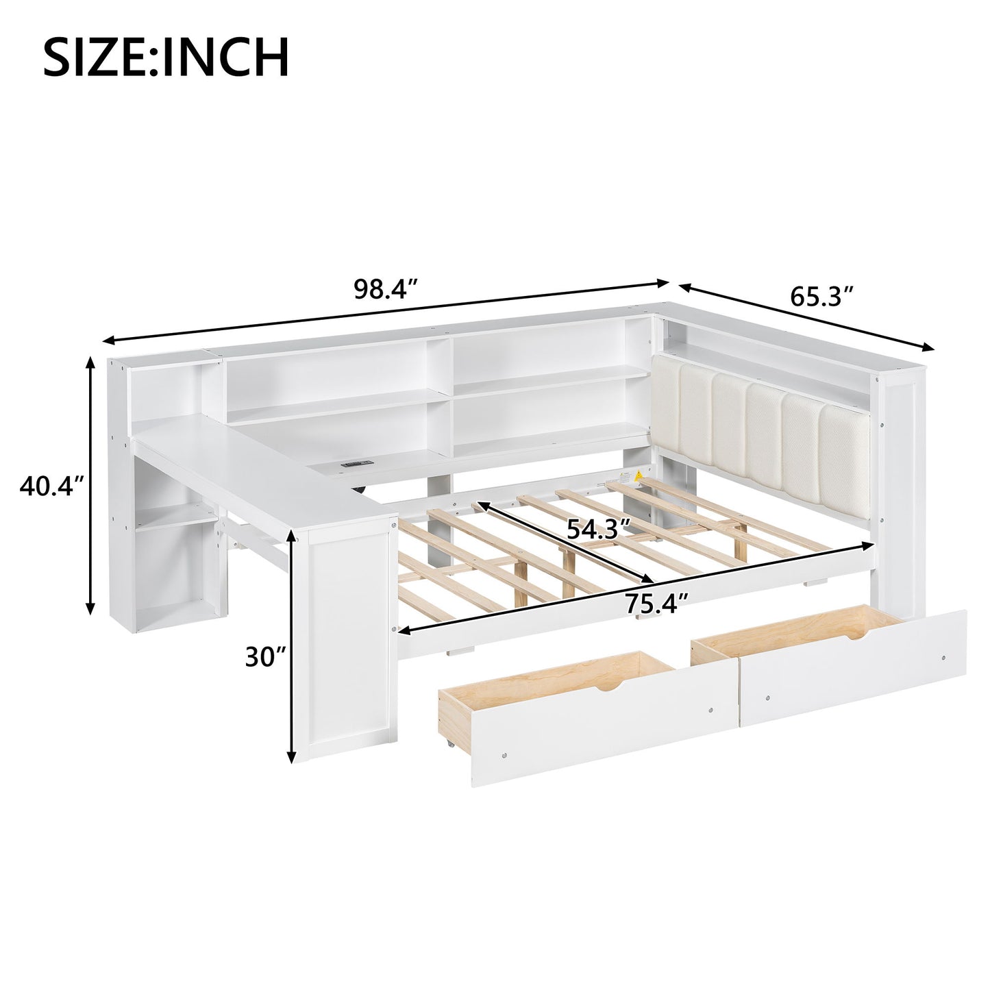 Platform Bed With Storage Shelves, Drawers, Charging Station, LED, Desk