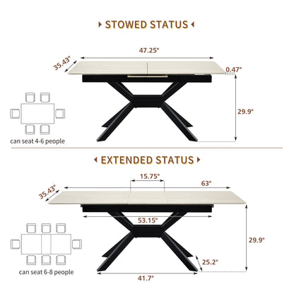Rectangular Extendable Dining Table With Geometric X Frame, Kitchen Table For Dining Room - Beige