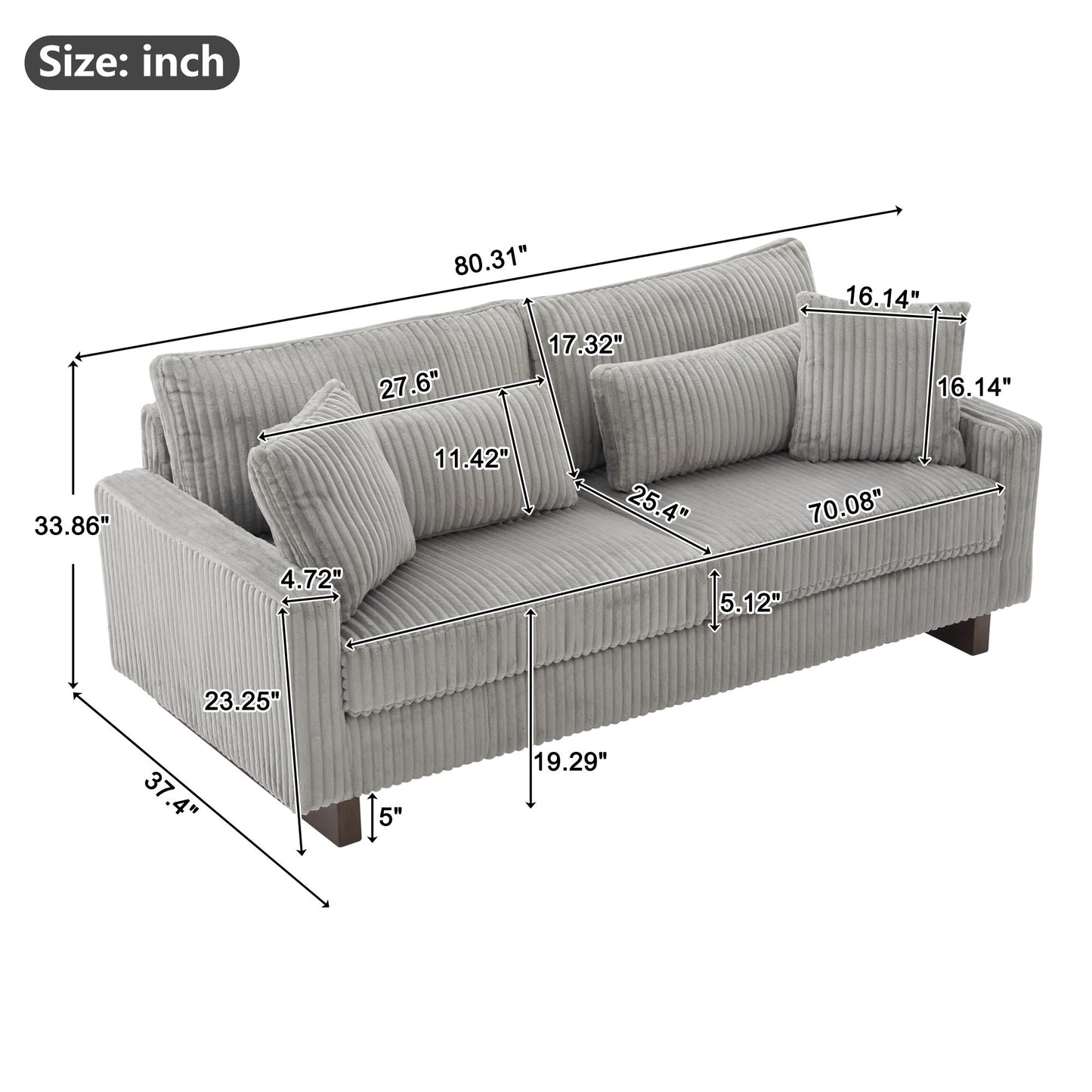 Modern Corduroy Loveseat Sofa With 4 Pillows