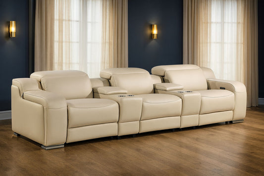129" Italian Leather Reclining USB Sofa - Beige