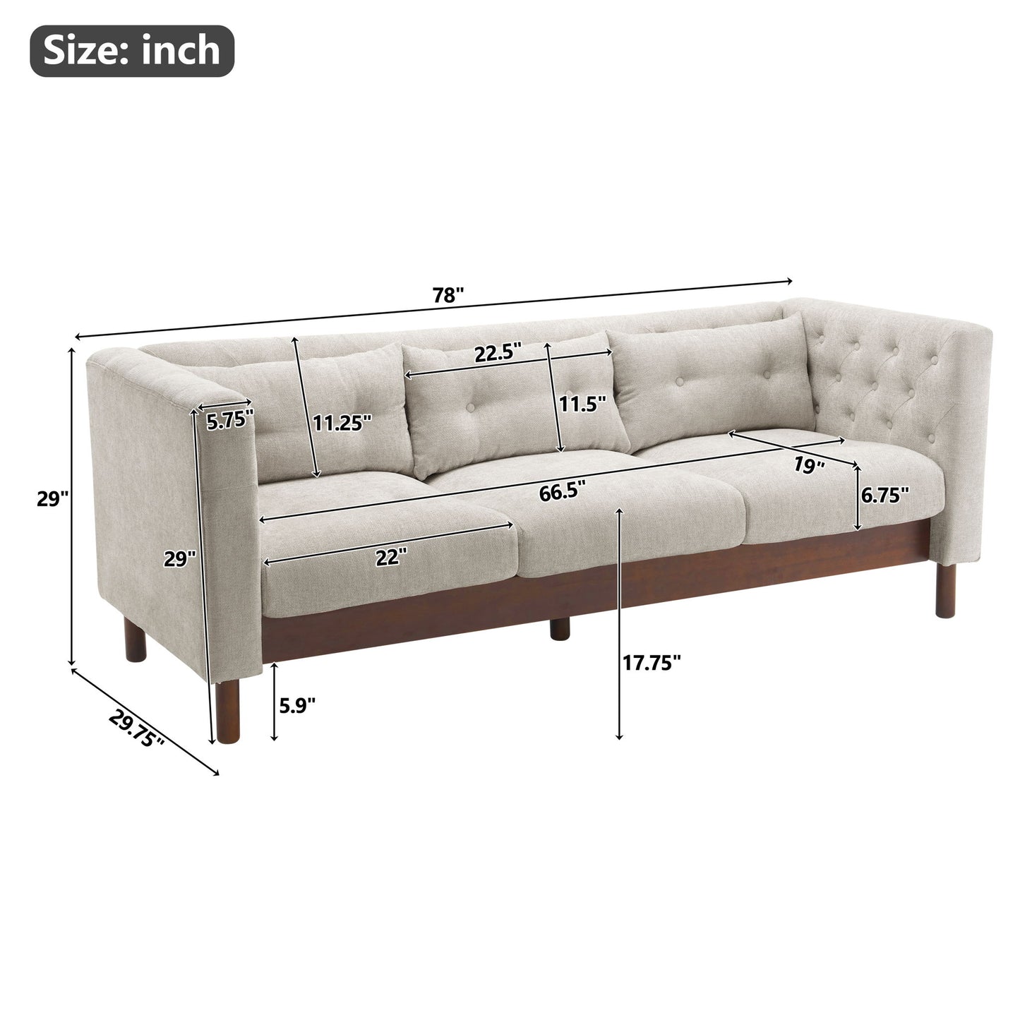 Upholstered Sofa Modern 3 Seater Sofa Couch With Tufted Design For Living Room