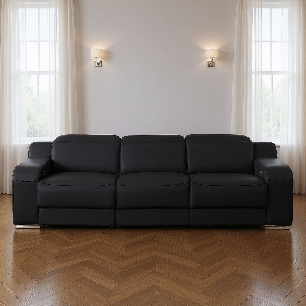 103" Modern Italian Leather Reclining USB Sofa - Black