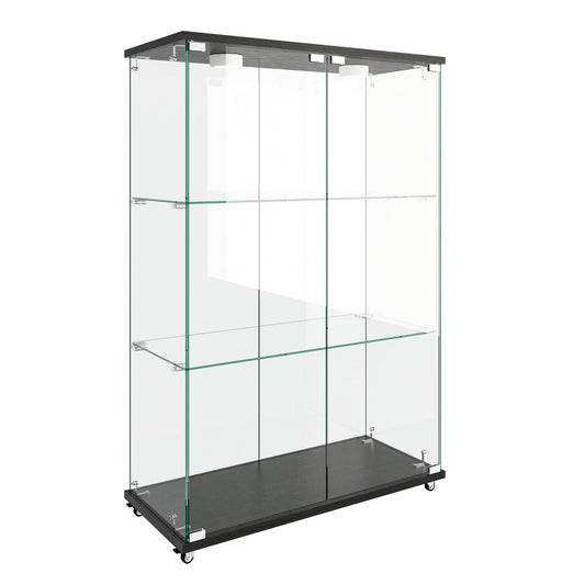 Modern Display Cabinet With LED Lights, Transparent Tempered Glass 2 Door Storage Case With 3 Shelves