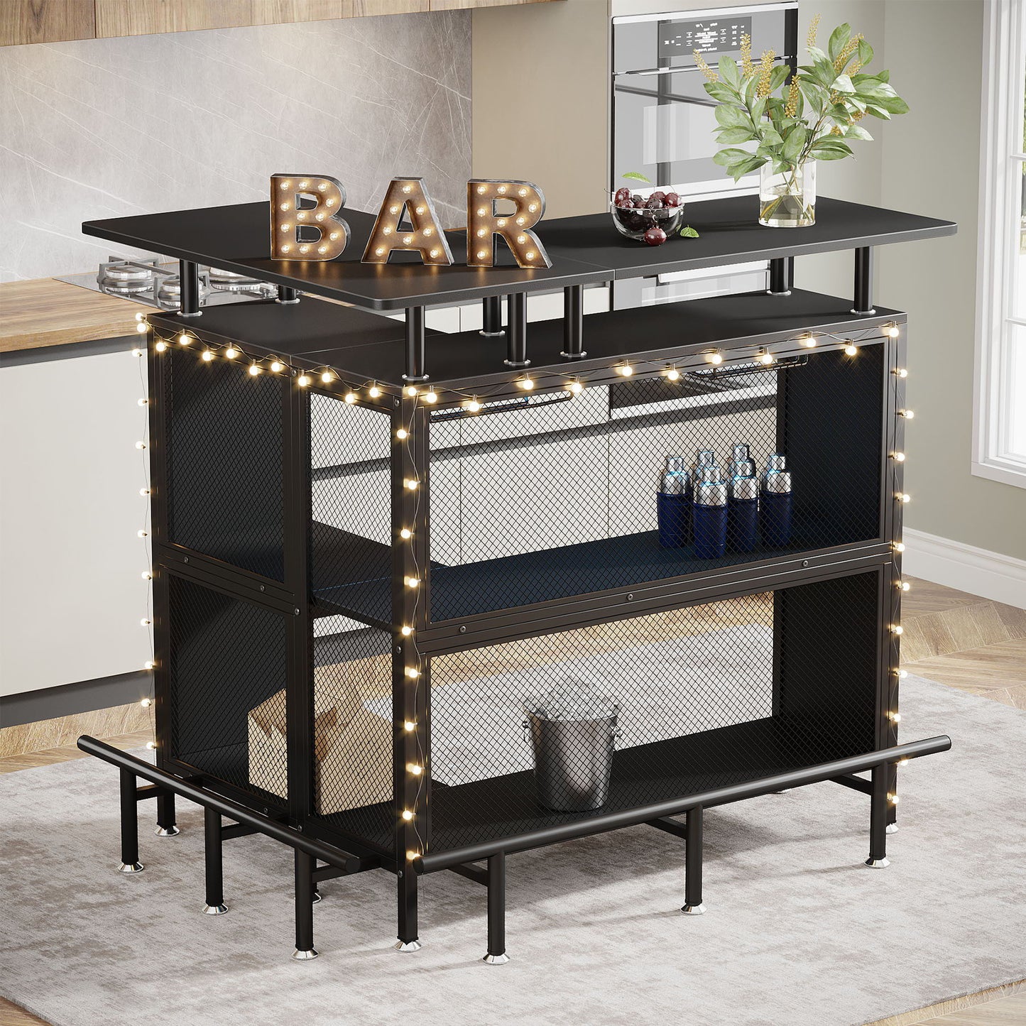 L Shaped Home Mini Bar Table With 2 Tier Shelves & Glass Racks - Black