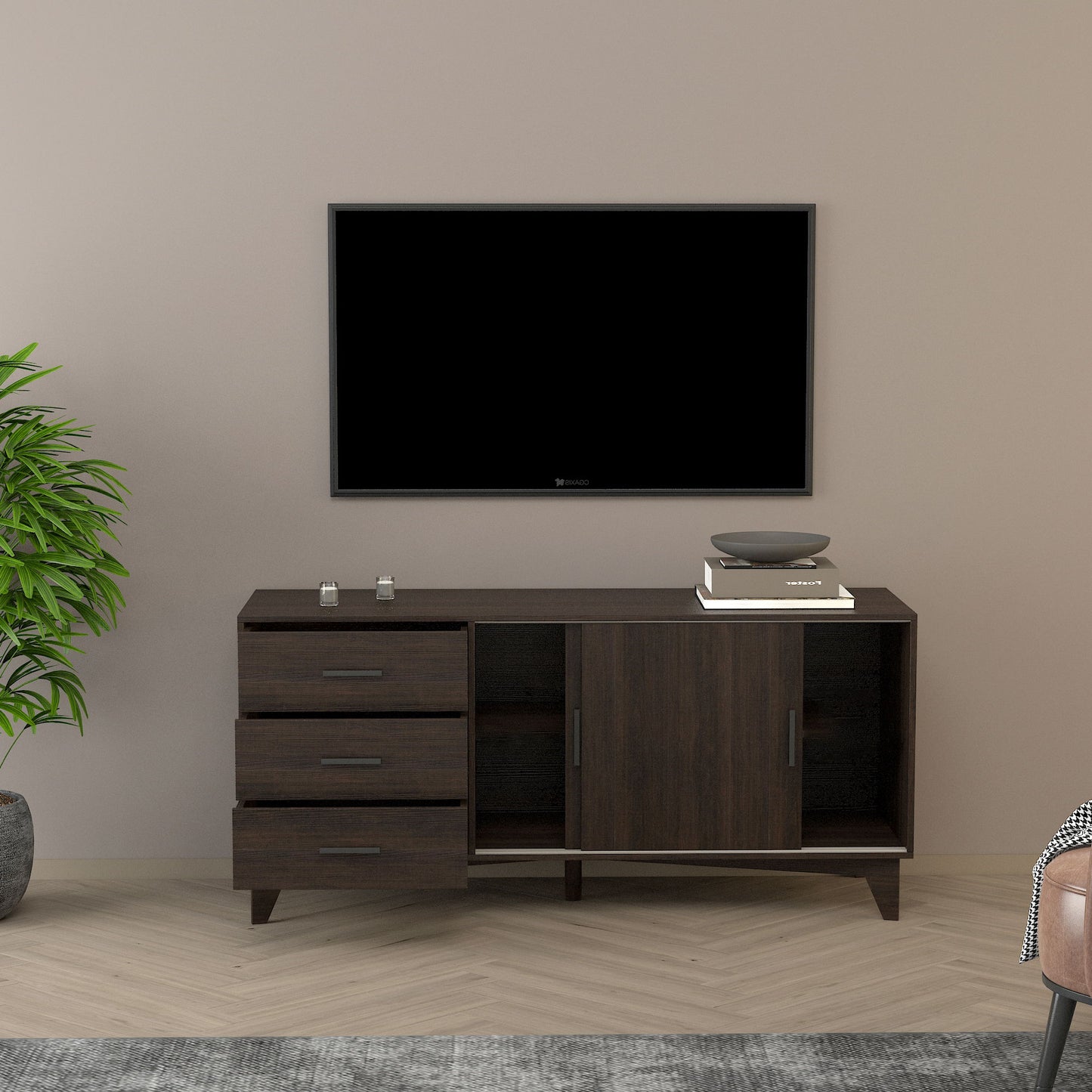 Parker - TV Stand With Sliding Doors And Drawers - Dark Brown