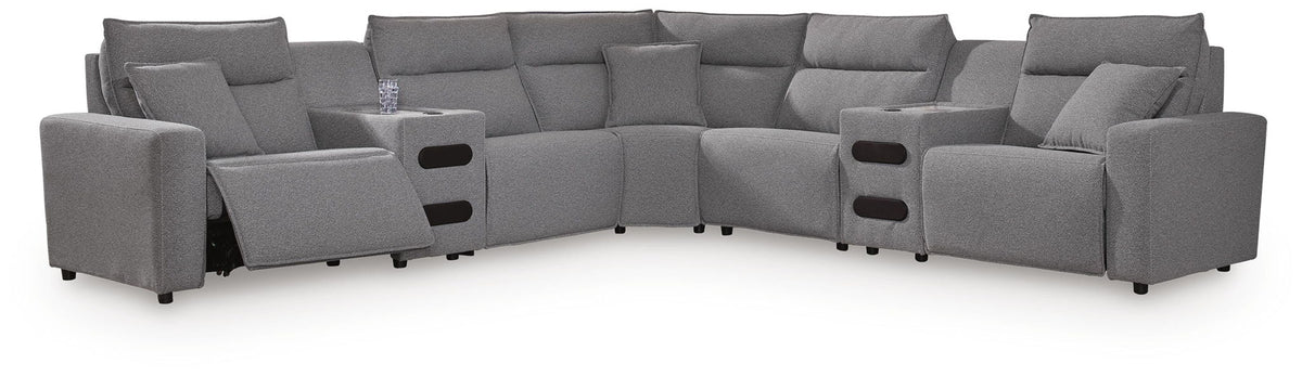 Modmax II - 7-Piece Power Reclining Sectional With 2 Audio Consoles - Salt And Pepper - Next-Gen Nuvella