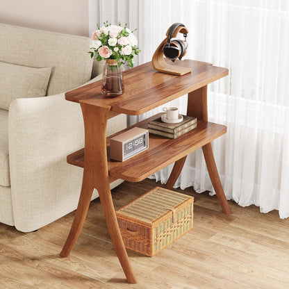 Narrow 2 Tier Side Slim Accent Table For Living Bedroom Or Entryway, Space Saving Furniture With Storage Shelf - Walnut