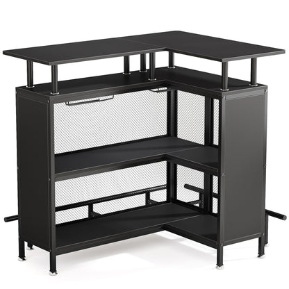 L Shaped Home Mini Bar Table With 2 Tier Shelves & Glass Racks - Black