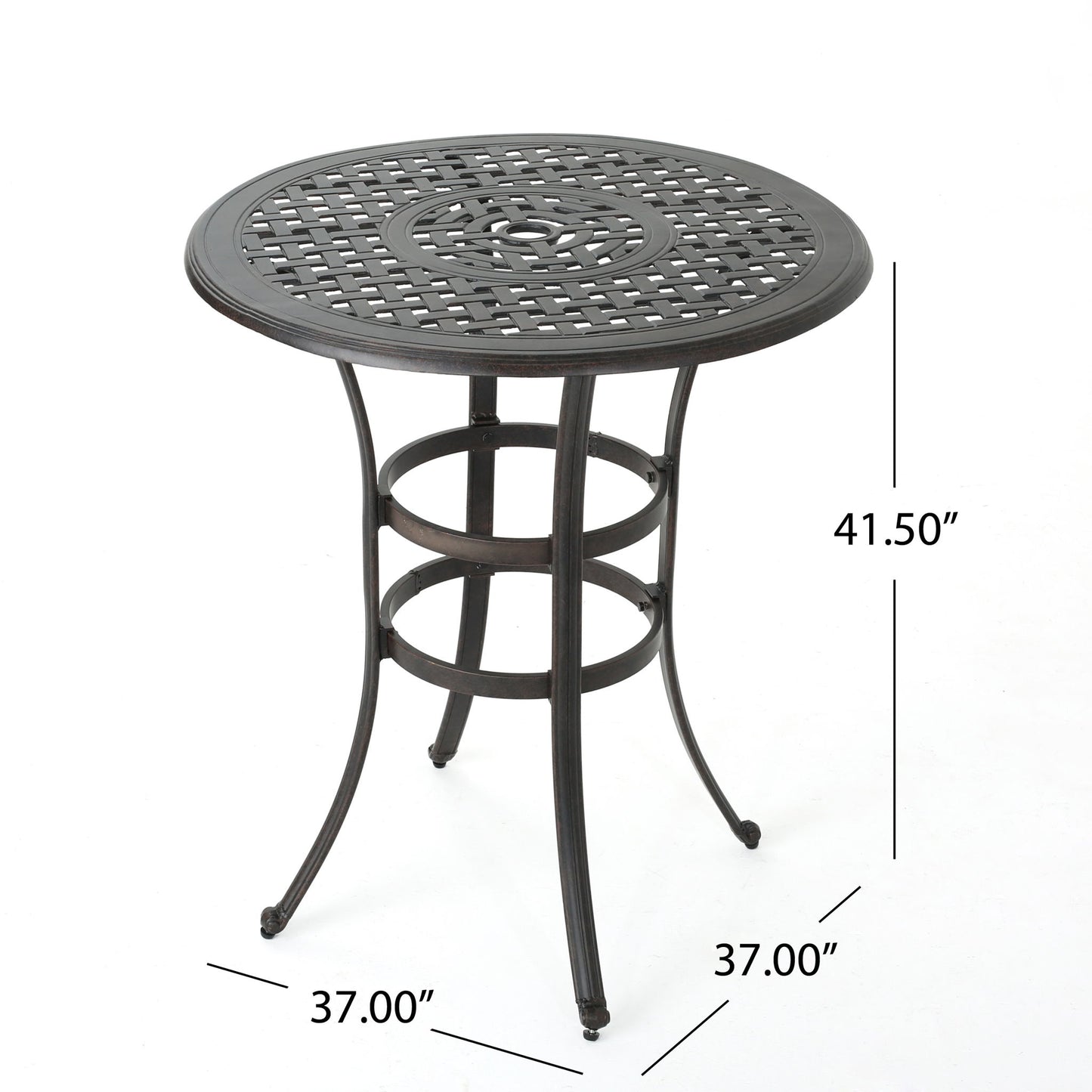 Traditional Style Cast Aluminum Bar Table With Lattice Design And Umbrella Holder - Bronze