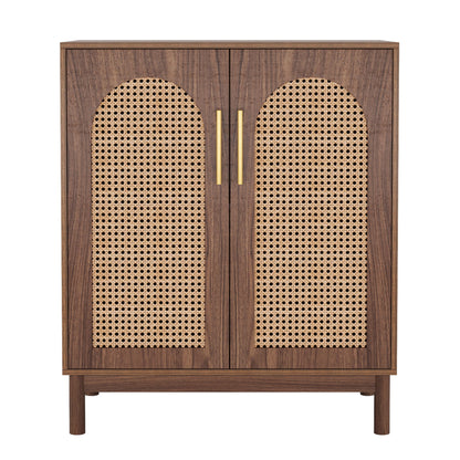 Sideboard Buffet Cabinet With Handwoven Rattan Doors (Set of 2) - Dark Brown