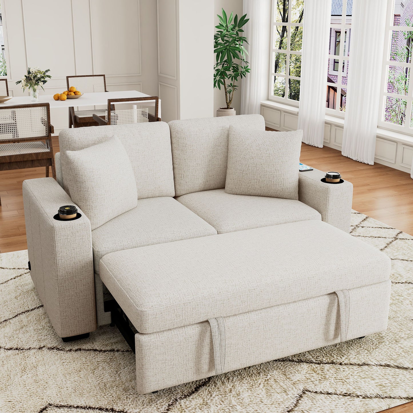 Modern 2 Seater Loveseat Sofa With Pull-Out Bed, Chenille Fabric, Built-In USB Ports & Cup Holders