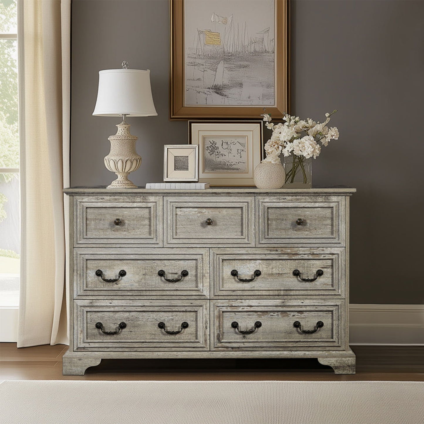 Farmhouse Vintage 7 Drawers Dresser With Natural Texture