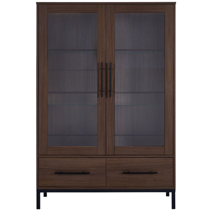 Modern Style Tall Display Cabinet With LED Lighting, Tempered Glass Door, 2 Drawers