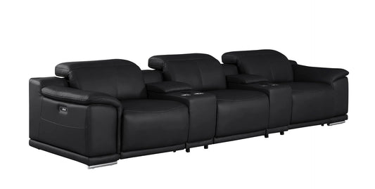 134" Leather Reclining Stainless Steel USB Sofa - Black