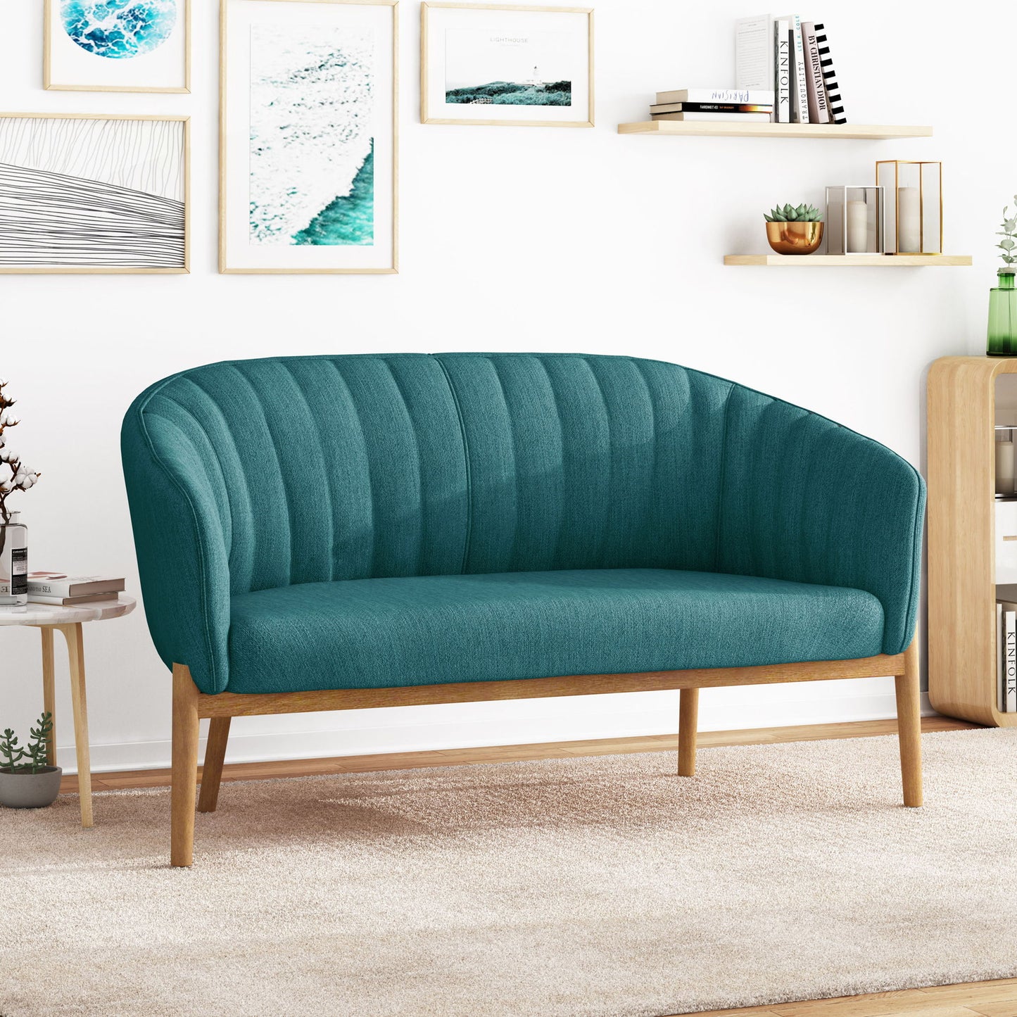 Mid Century Modern Loveseat With Channel Stitched Backrest