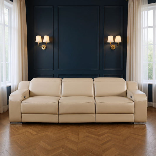 103" Italian Leather Reclining USB Sofa - Beige