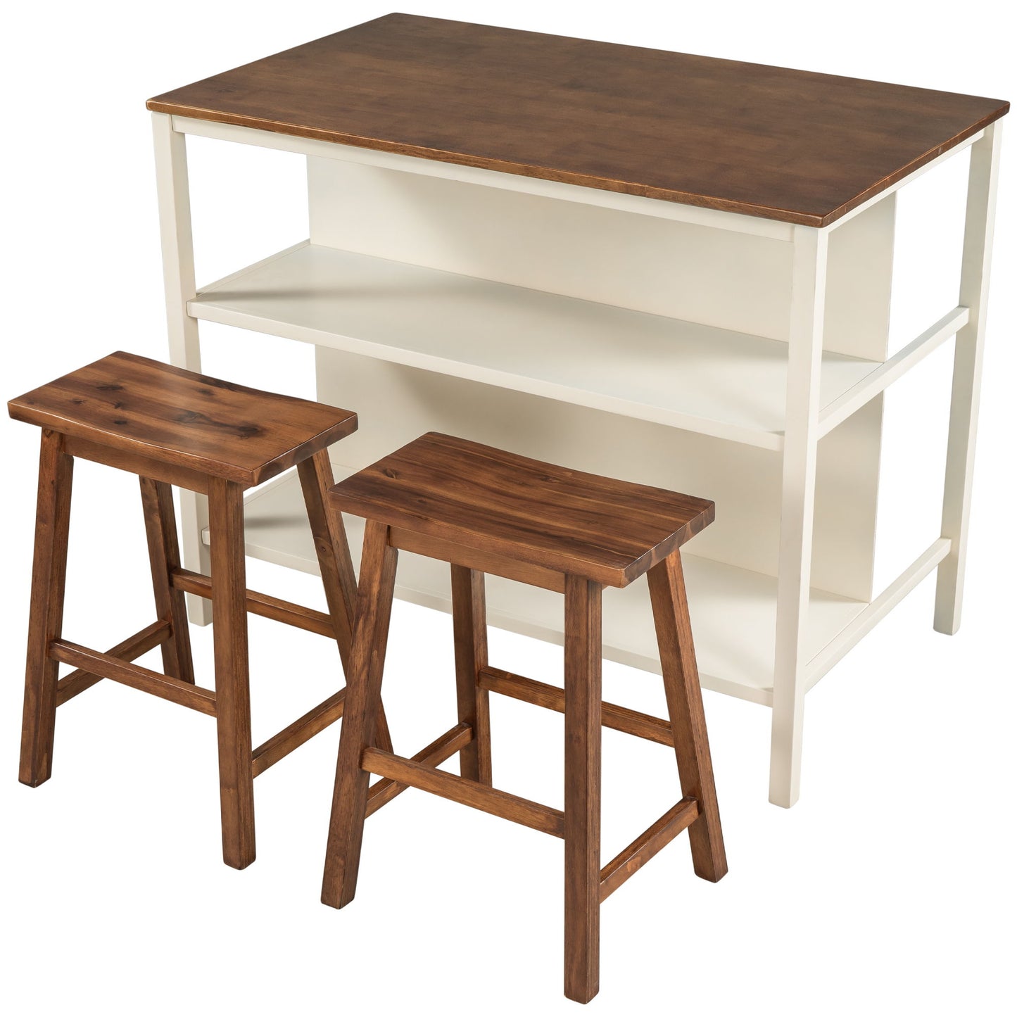Rustic 3 Piece Stationary Kitchen Island Set With 2 Seatings, With 2 Open Shelves
