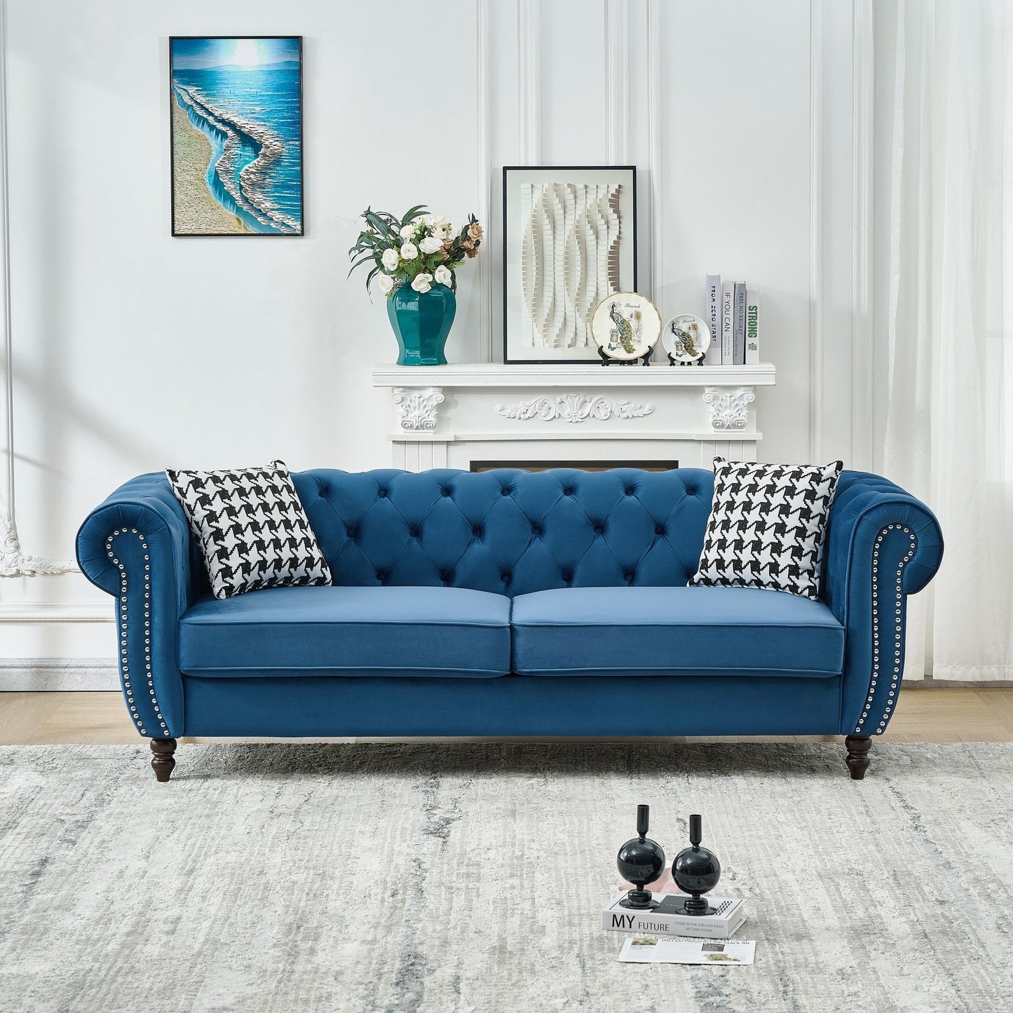 Mid Century Chesterfield Velvet Fabric Sofa With Roll Armrest & Nailhead, Blue, 87 Inches