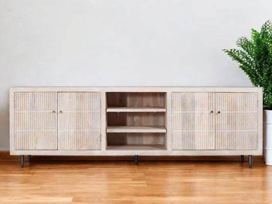 92" Carved Geometric Distressed Solid Wood Enclosed And Open Storage TV Stand - Ivory