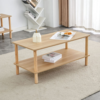 Modern 2 Tier, Rectangular Center Coffee Table With Open Storage Shelf, Rounded Legs