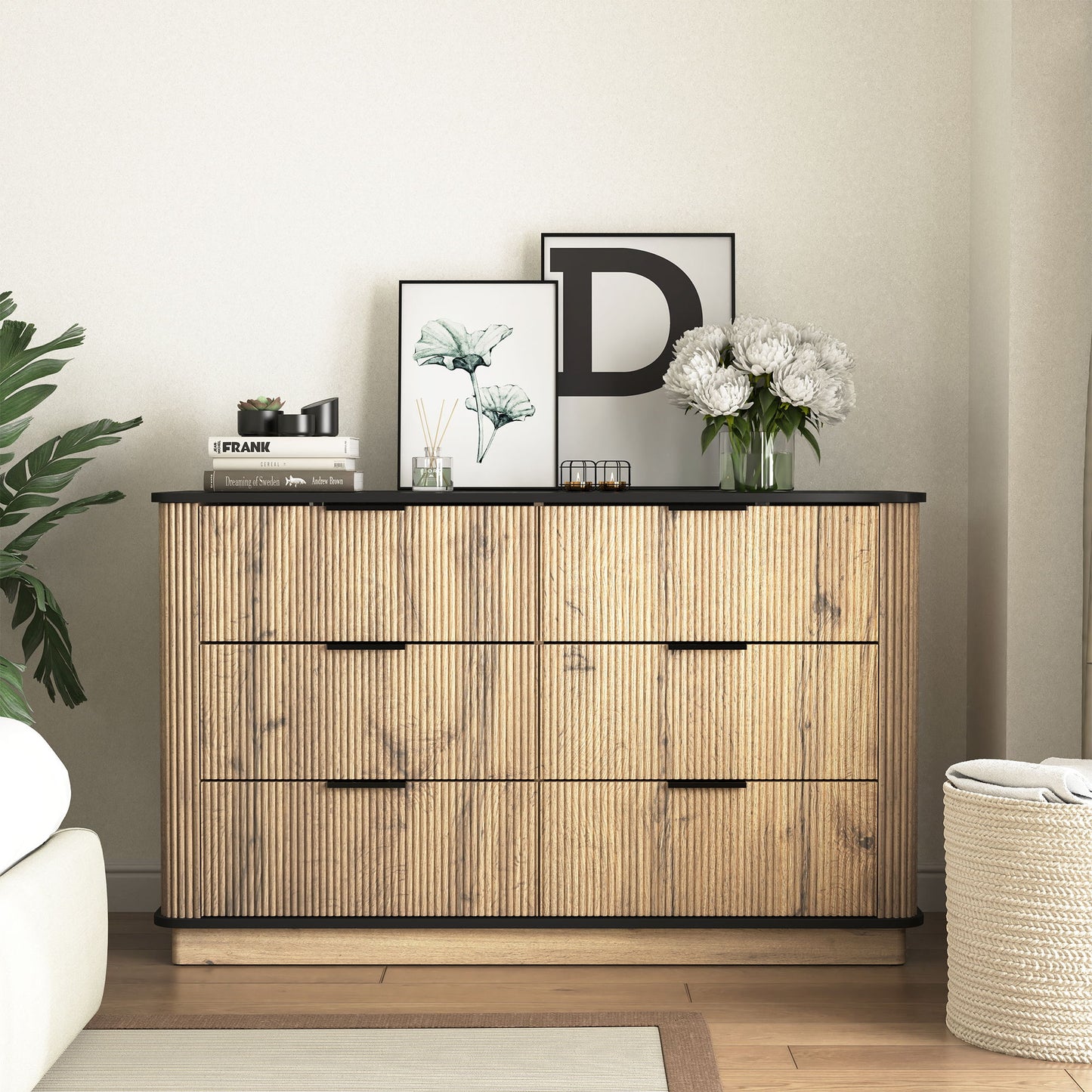 Modern 6 Drawer Cabinet With Metal Rounded Corners And Exquisite Handles Multi Functional Storage - Natural Wood