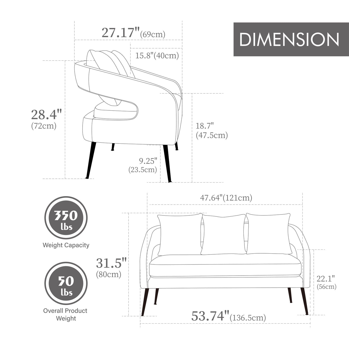 Open Back Loveseat Settee With 3 Pillows