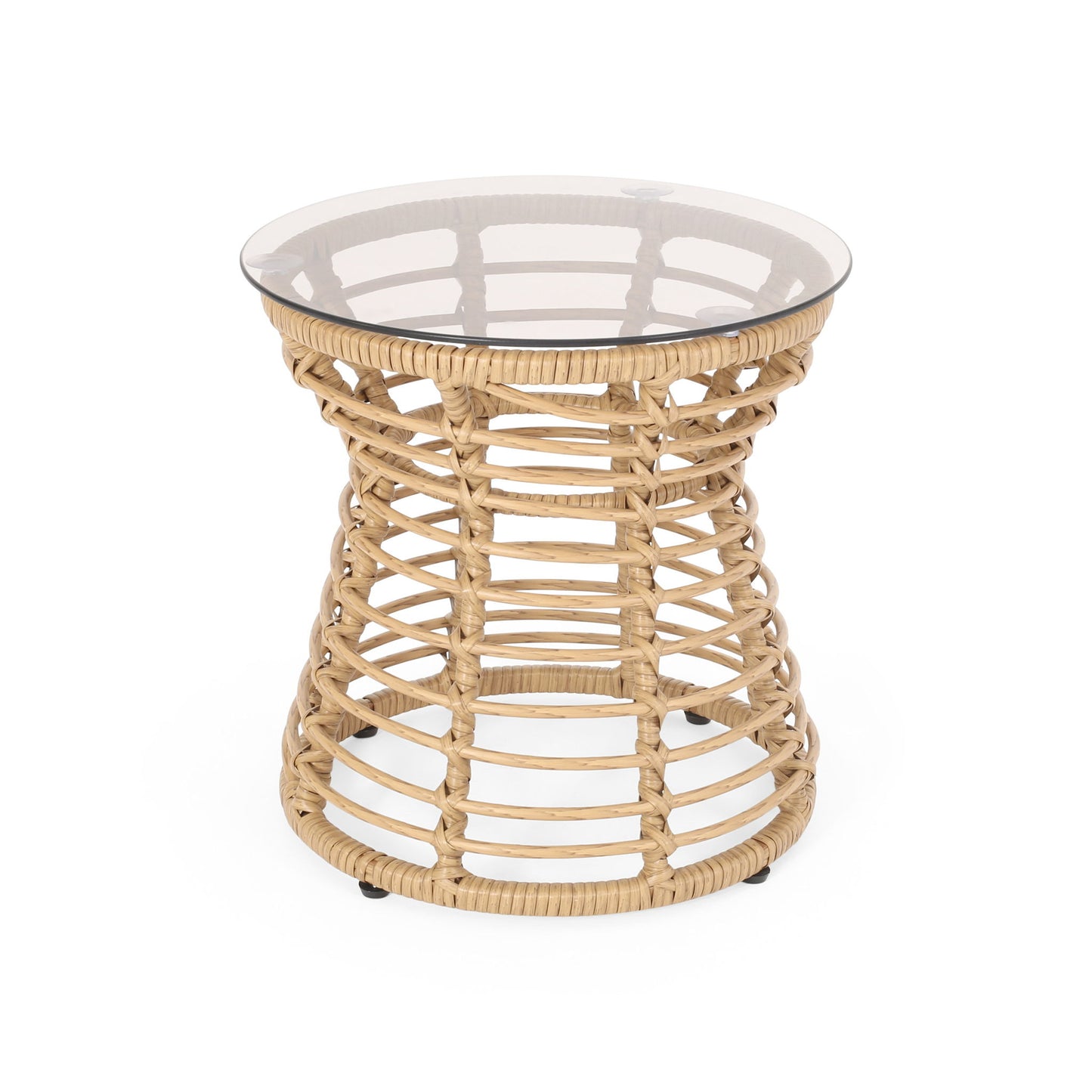 San Pedro - Boho Style Side Table With Tempered Glass Top - Light Brown Rattan