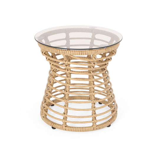 San Pedro - Boho Style Side Table With Tempered Glass Top - Light Brown Rattan