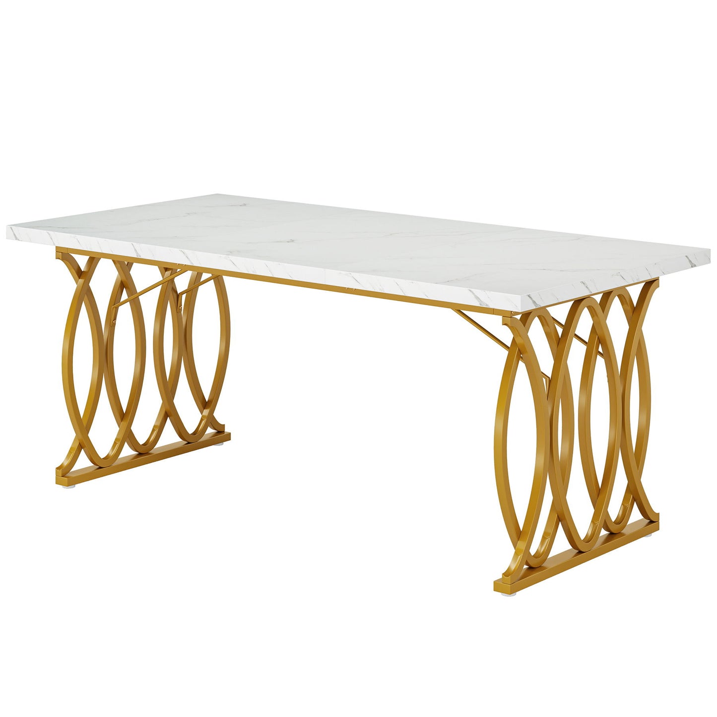 Large Rectangular Dining Table Kitchen Table With Geometric Legs - White / Gold