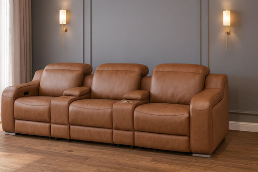 129" Italian Leather Reclining USB Sofa - Chestnut