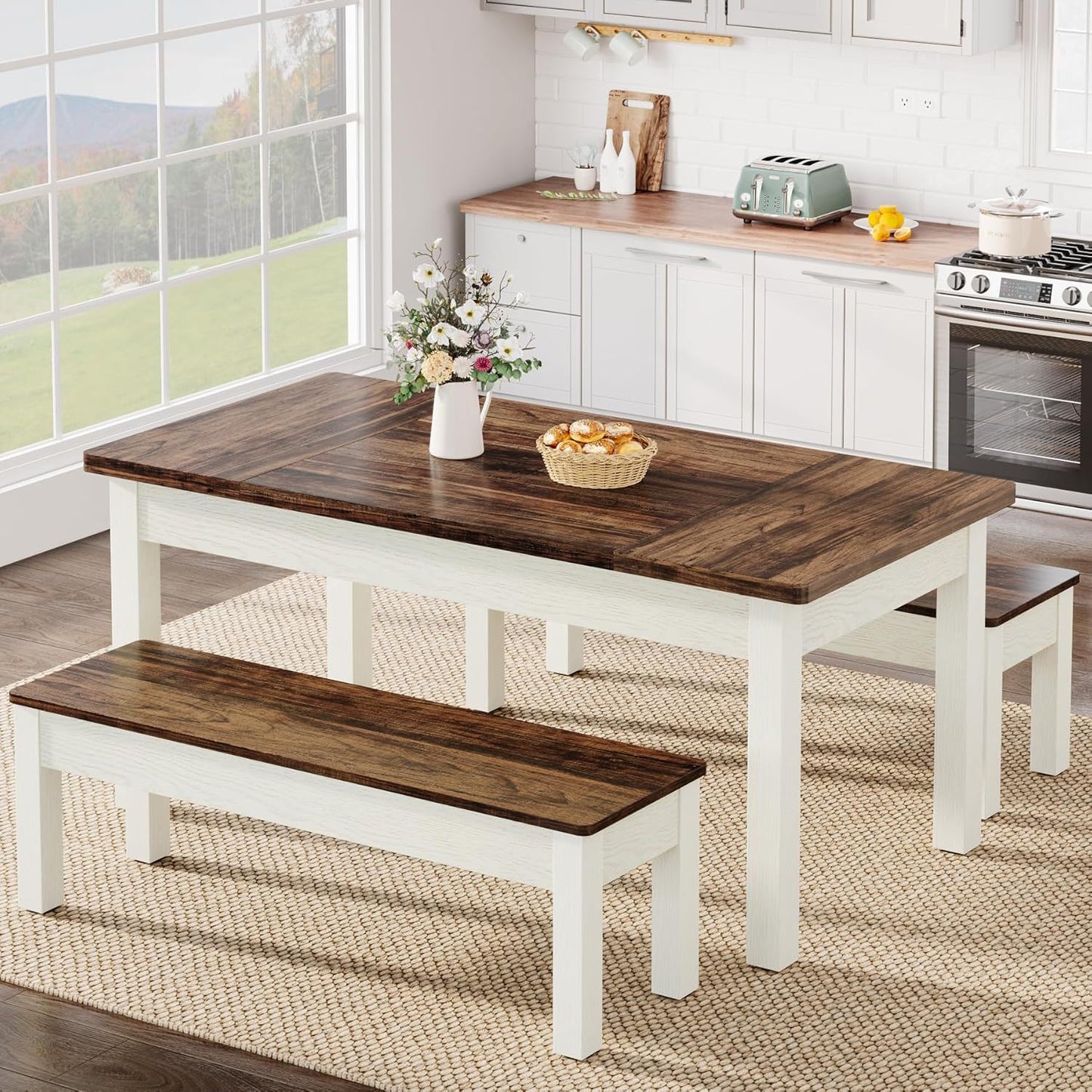 Dining Table Set For 4 - 6 With Tuck Under Benches - Brown / White