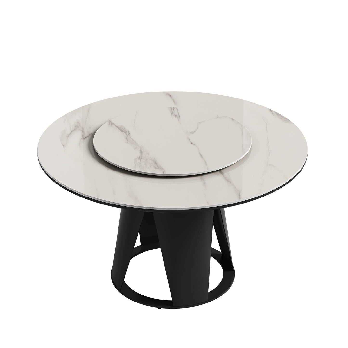 Modern Sintered Stone Dining Table With Round Turntable, Metal Pedestal, And Chairs